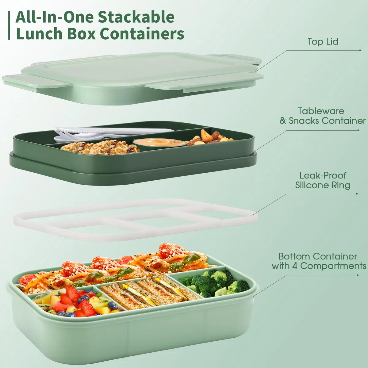 Sinnsally Porta Pranzo con 8 Scomparti 2000ml Schiscetta Pranzo,Bento Lunch Box Prova di Perdite per Adulti Porta Cibo,Portavivande senza BPA con Posate,Sicuri per Microonde e Lavastoviglie(Verde)