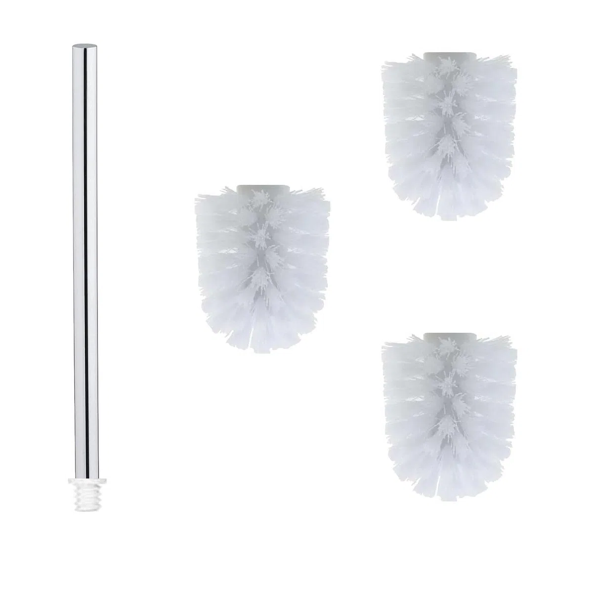 Set spazzole per WC, 3 testine sostituibili per scopino WC + 1 manico in acciaio inox da 27 cm, intercambiabili e durevoli (Bianco, Diametro 6.5 cm)
