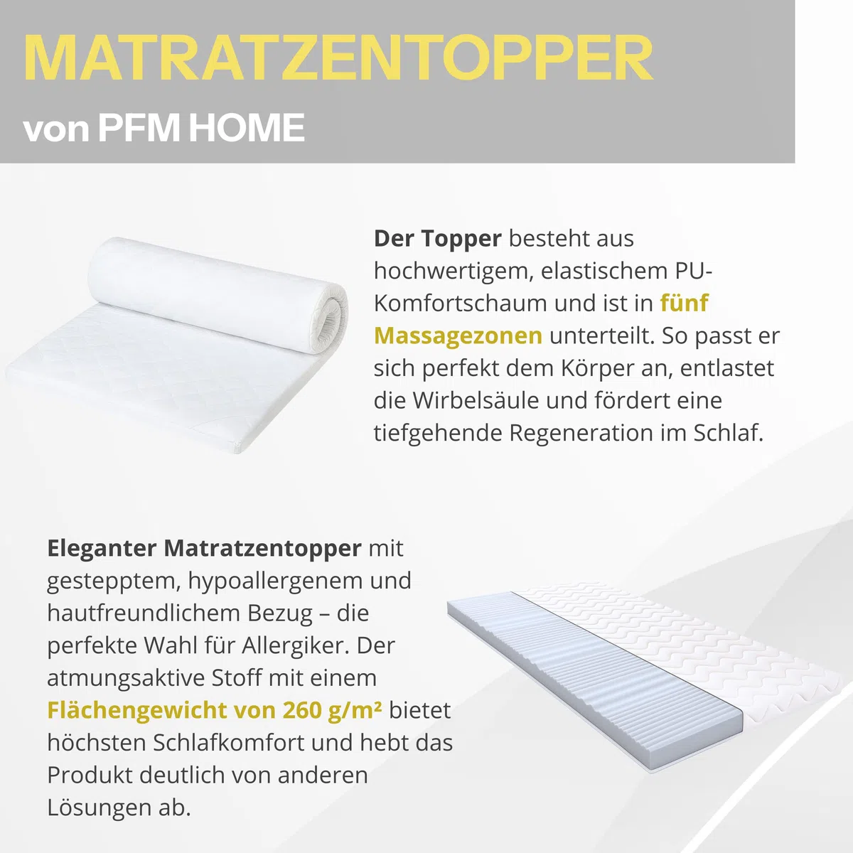 Topper materasso 130 x 190 cm – 6 cm di altezza con massaggio a 5 zone Ergo + rivestimento anallergico – Traspirante
