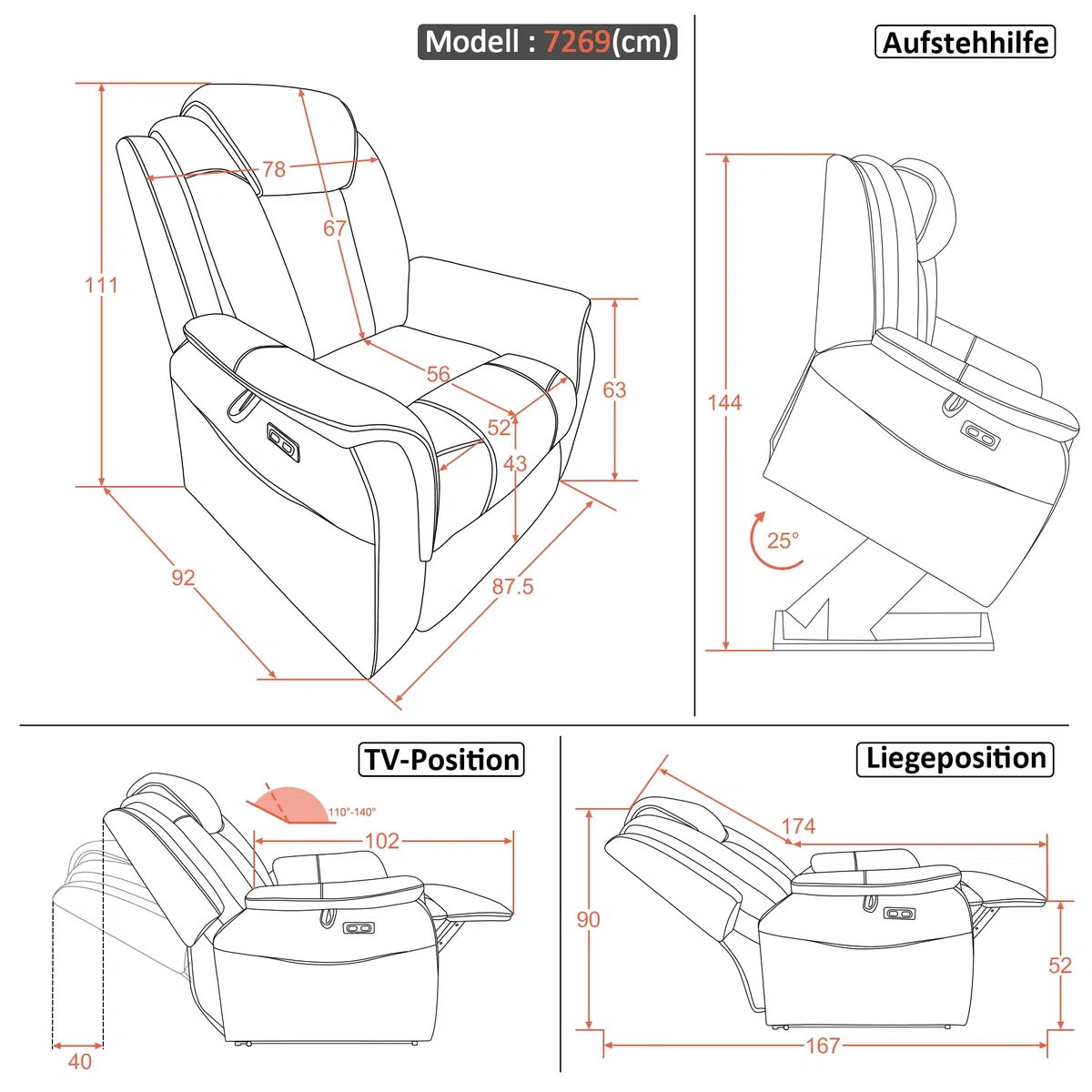 MCombo M poltrona da tv con assistenza elettrica per alzarsi, 2 ruote per mobilità, massaggio e riscaldamento, poggiatesta regolabile, cuscino in schiuma 35D 7269 (Grigio scuro-Microfibra)