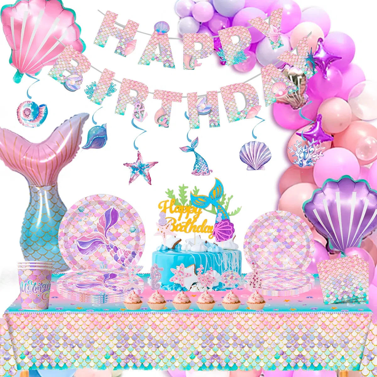 Articoli per Feste di Compleanno a Sirena,90 Pezzi Decorazione Festa Delle Sirene&Stoviglie per Feste a Sirena Set-Piatti di Carta a Sirena Tazza Tovaglie etc Forniture Decorative per Sirene