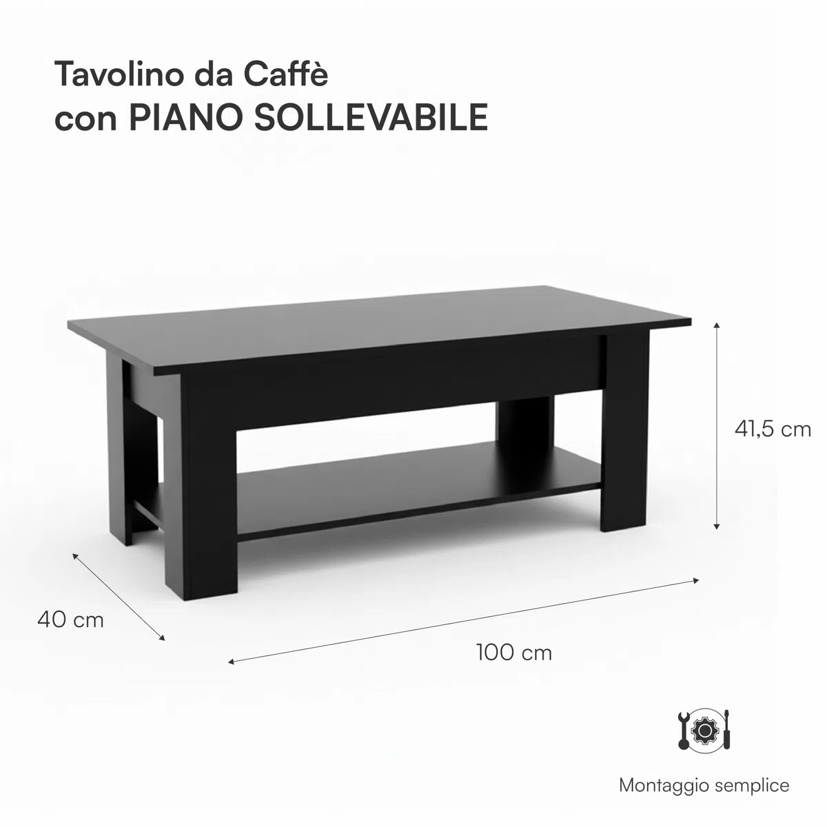 Baroni Home Tavolino da Caffè con Piano Sollevabile, Contenitore Interno, Tavolino Nero da Salotto Moderno con Ripiano, Tavolo Salvaspazio per Soggiorno, 100x40x41,5 cm
