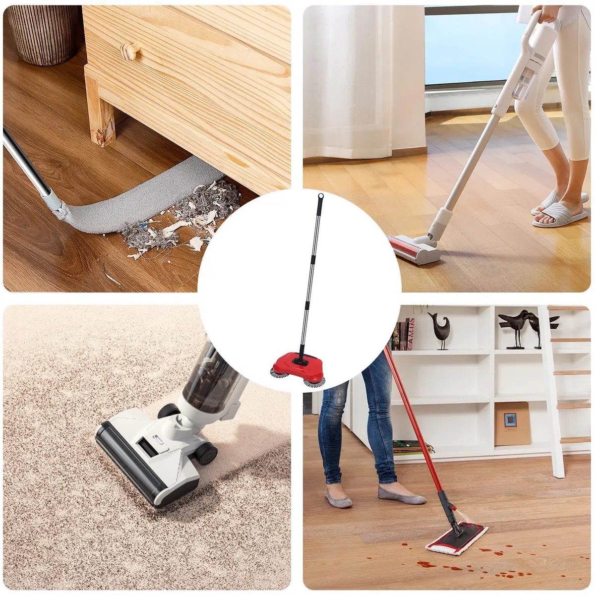 Generico - Spazzatrice manuale per pavimenti e tappeti, senza sacchetti, filtri, batterie, elettricità, con manico regolabile e spinta manuale