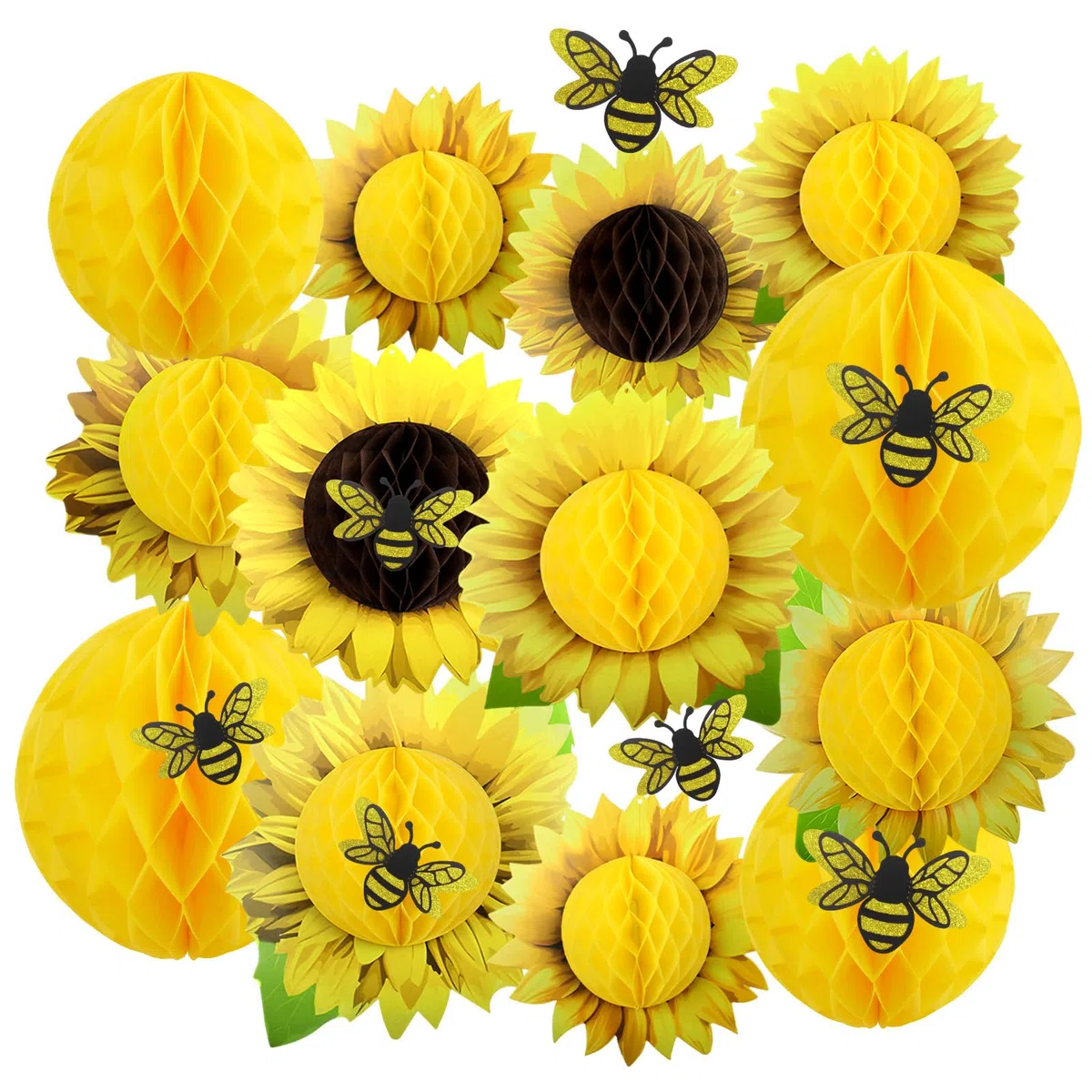 12 Pezzi Girasole Fiori Carta Crespa da Appendere Pompom et 12 Adesivi a Forma di ape Fiori di Carta per Compleanno Matrimoni Baby Shower Feste in Fiardino