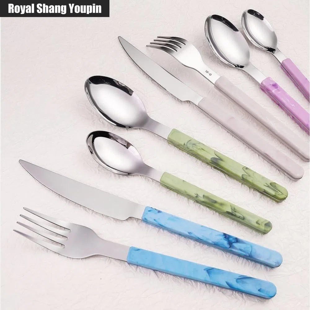 Retro Stile Cinese PP Maniglia Da Cucina in Acciaio Inox Argenteria Da Tavola Posate Set Di Posate Coltello Da Bistecca Forchetta Cucchiaio Cucchiaino (Blu,24 pezzi)
