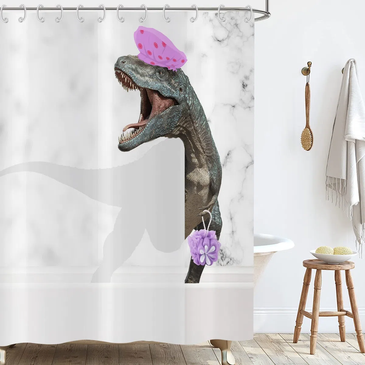 Tenda da doccia divertente dinosauro 180x200, grigio e bianco marmo tenda da bagno carino bagno Dino Raptor bambini creativo moderno impermeabile poliestere tessuto lavabile tenda da bagno