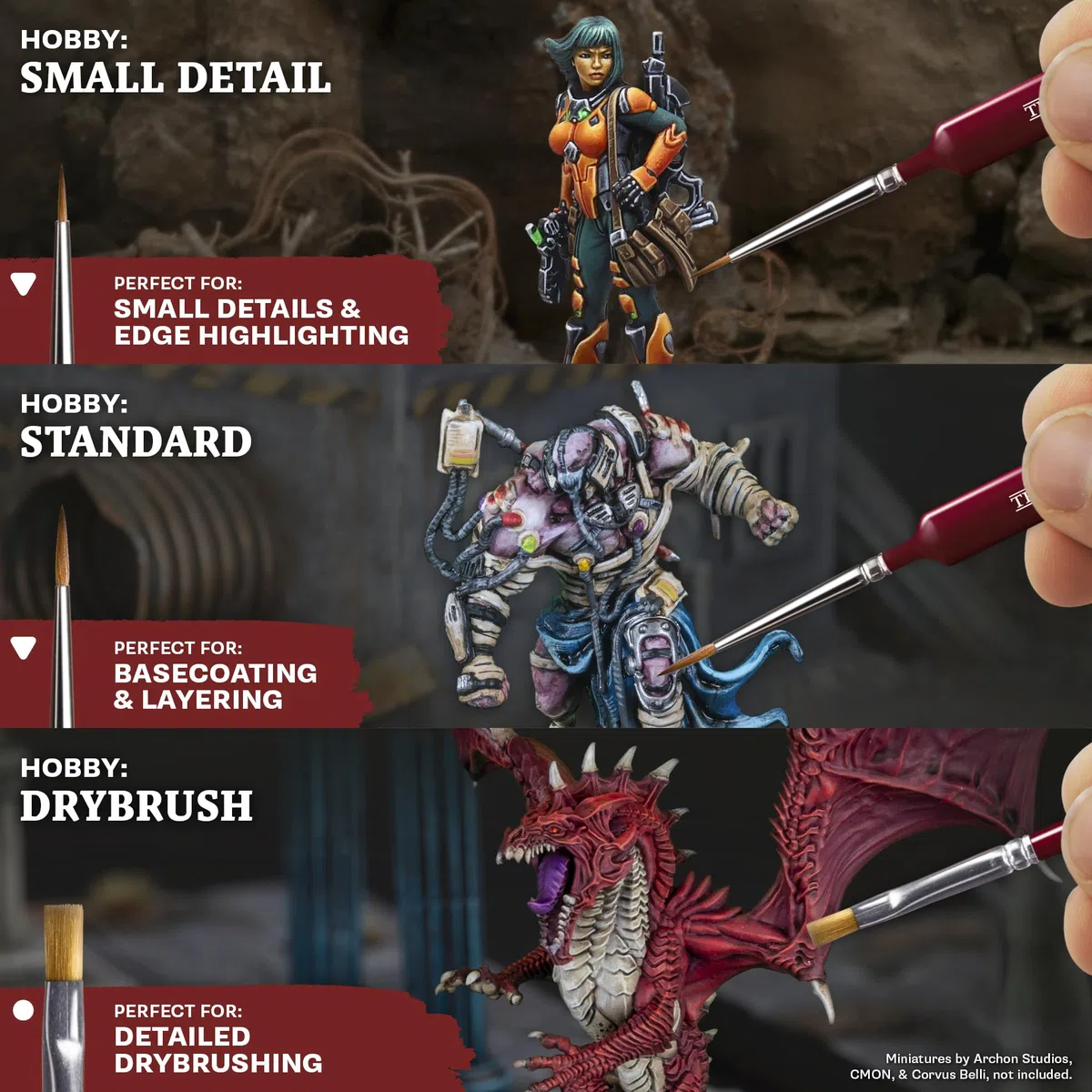 The Army Painter, Hobby Starter Brush Set di 3 pennelli per colori acrilici inclusi Drybrush, Small Detail & Standard Brush, pennello da modellazione a punta fine per pittura in miniatura fantasy