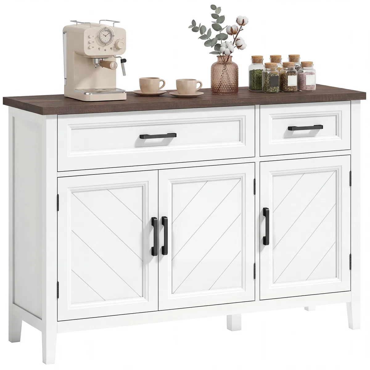 HOMCOM Credenza Cucina, Mobile Cucina con 3 Ante a Fienili, Ripiani Regolabili e 2 Cassetti, Piano Effetto Legno, Stile Rustico, Mobile Buffet per Soggiorno, Sala da Pranzo, 110x35x80.5 cm, Bianco