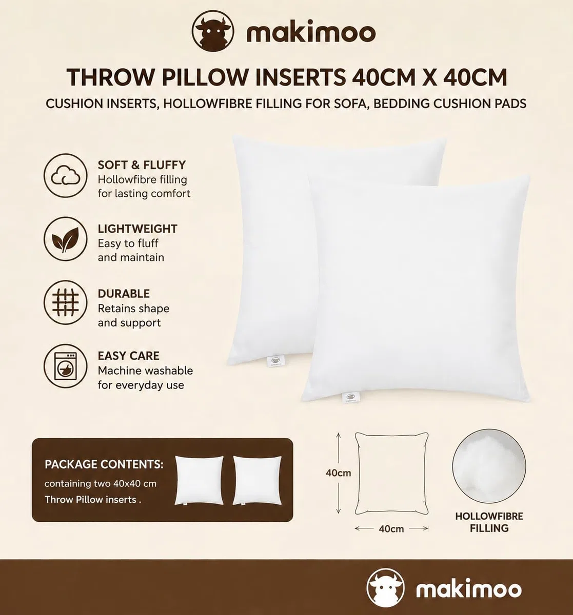 Cuscini da letto set da 2 (40 x 40 cm) Imbottitura per Cuscini, Cuscini per Divano, Cuscino Interno