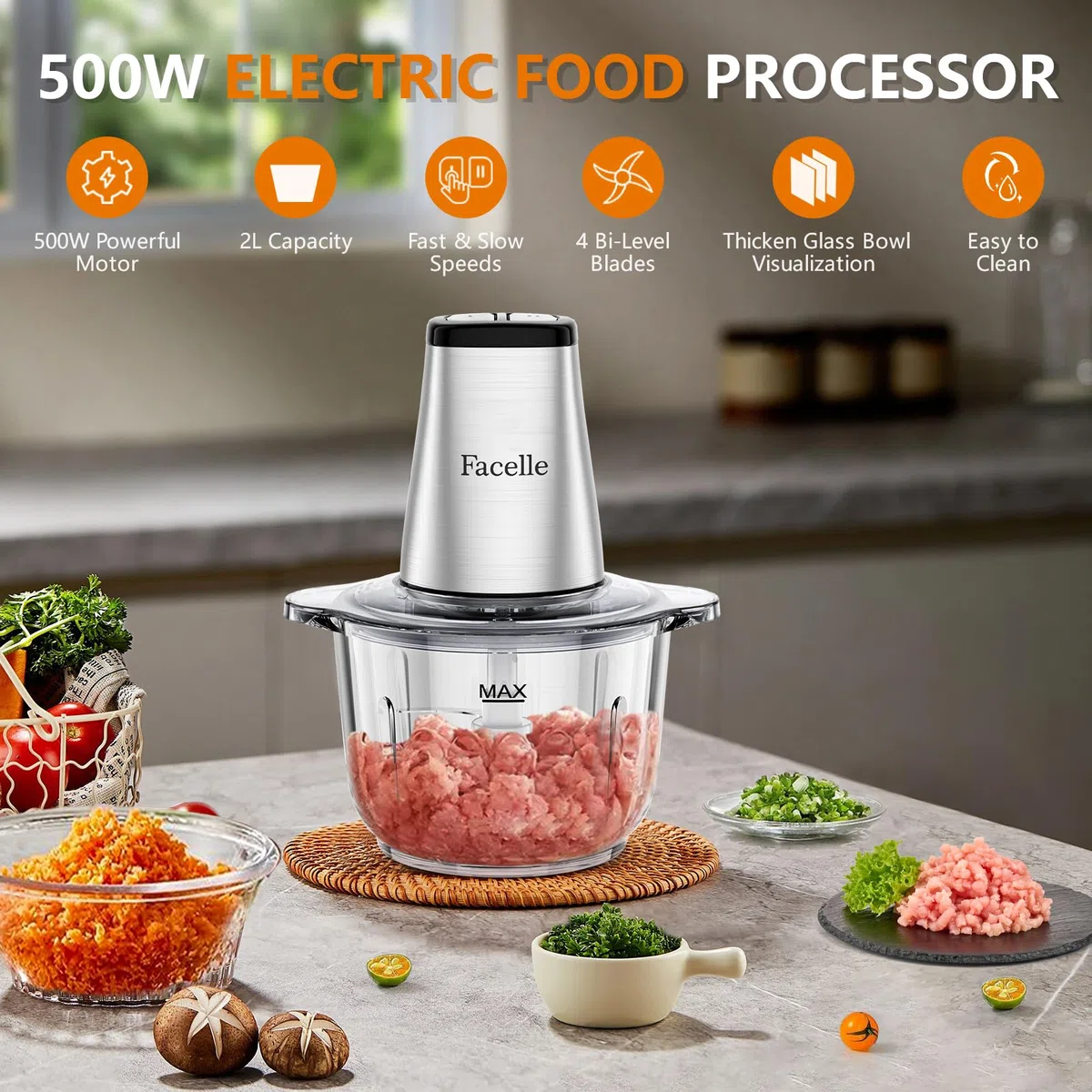 Tritatutto da Cucina Elettrico, Facelle Frullatore Tritatutto Multifunzione, 500W Mixer Cucina da 2 Litri, Robot da Cucina per Verdure, per Carne/Verdura/Frutta/Noci/Cibo per Bambini