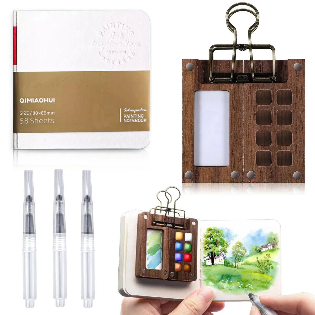 1 Set Mini Scatole da Pittura Ad Acquerello, Strumenti di Pittura Portatili, Mini Viaggio 8 Griglie, Scatola per Acquerelli, per Acquerello, Tavolozza per Schizzi in Legno, per Pittori, Artisti