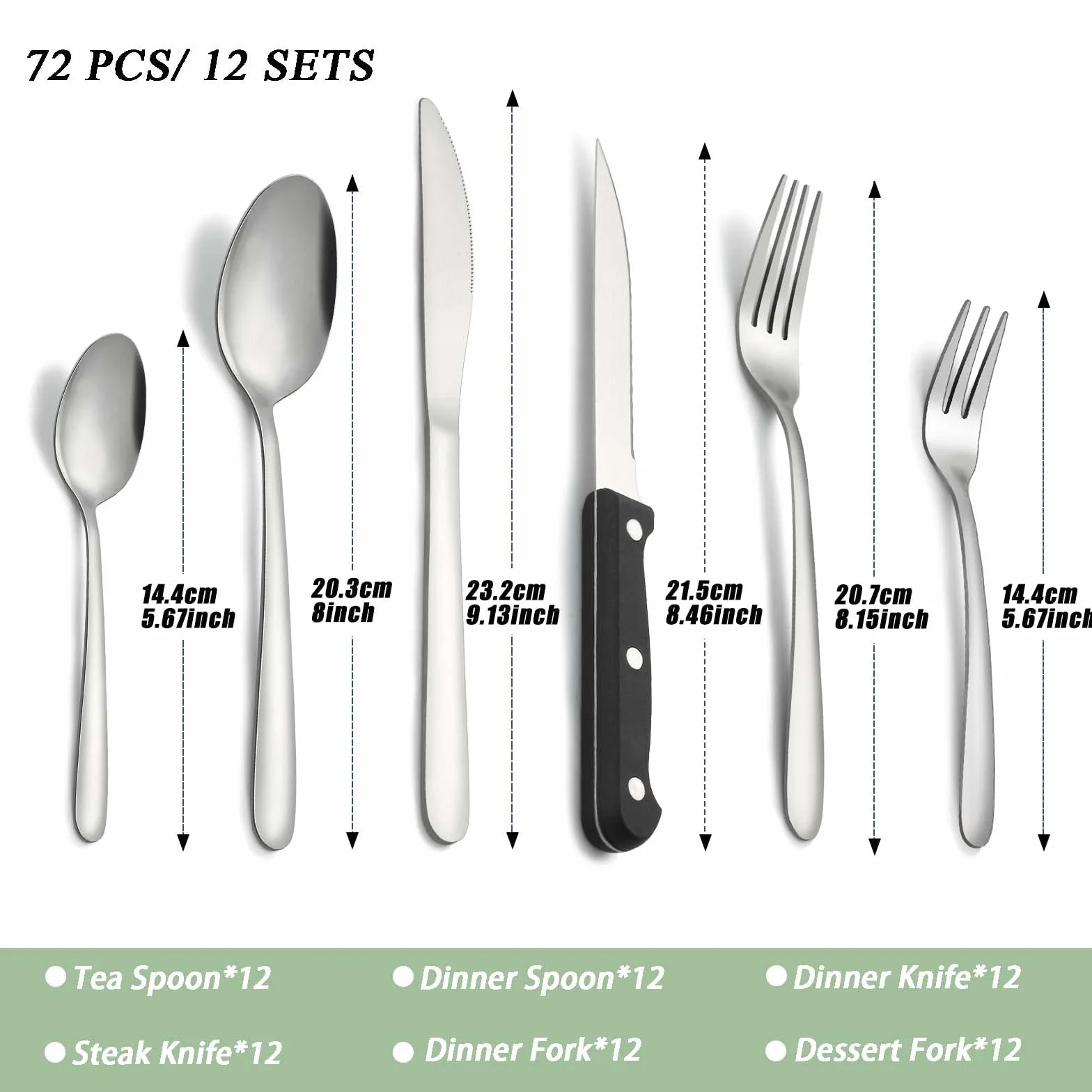 Pleafind set posate da 72 pezzi, acciaio inox 12 persone per uso alimentare, in argento con coltello, cucchiaio, forchetta, coltello da bistecca, lavabili in lavastoviglie