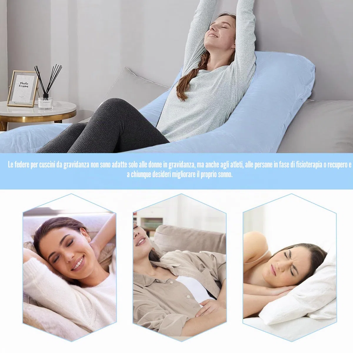 Cuscino per chi dorme sul fianco, federa per cuscino a forma di U, in cotone rimovibile, a forma di U, per adulti, lavabile in lavatrice, 140 x 80 cm, blu
