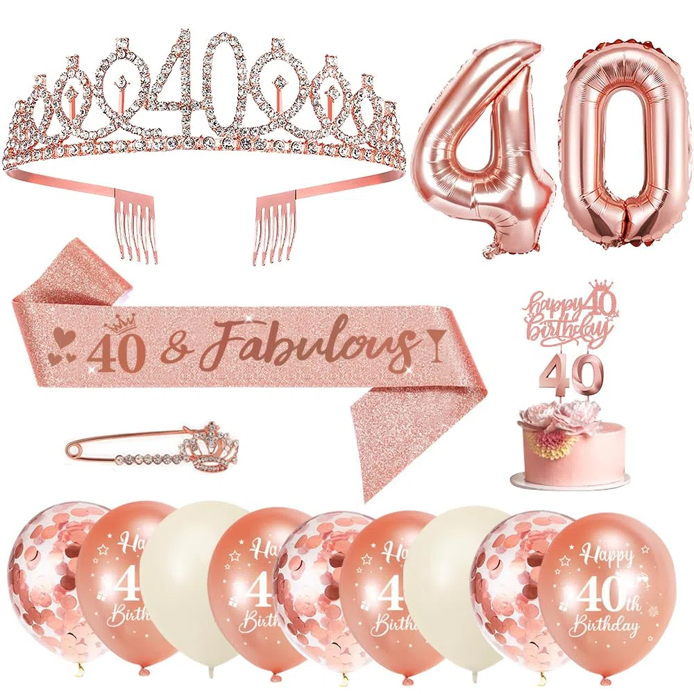 40 Anni Decorazioni Compleanno Donna, 40° Fusciacca e Diadema Oro Rosa Compleanno, Happy Birthday Cake Topper, Candele di Compleanno Numero e Palloncini, Regalo Donna 40 Anni