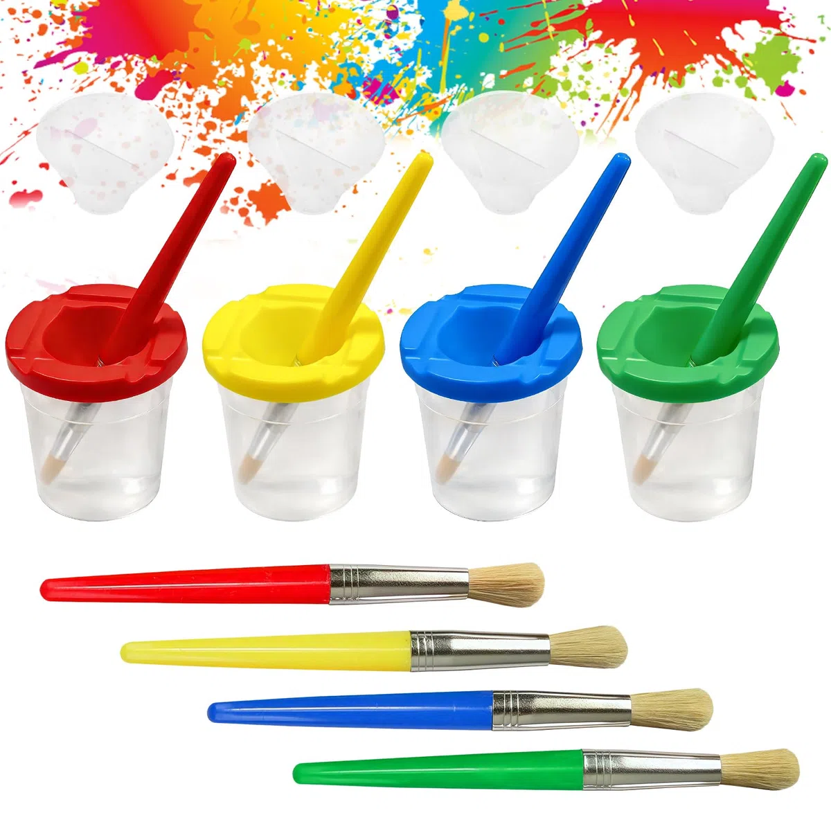Bicchieri Pittura Bambini, 4 Colori Spill Proof Tazze con 4 Pennelli, Barattoli Acqua per Scuola e Asilo, Ideale per Tempere e Acquerelli (Multicolore)