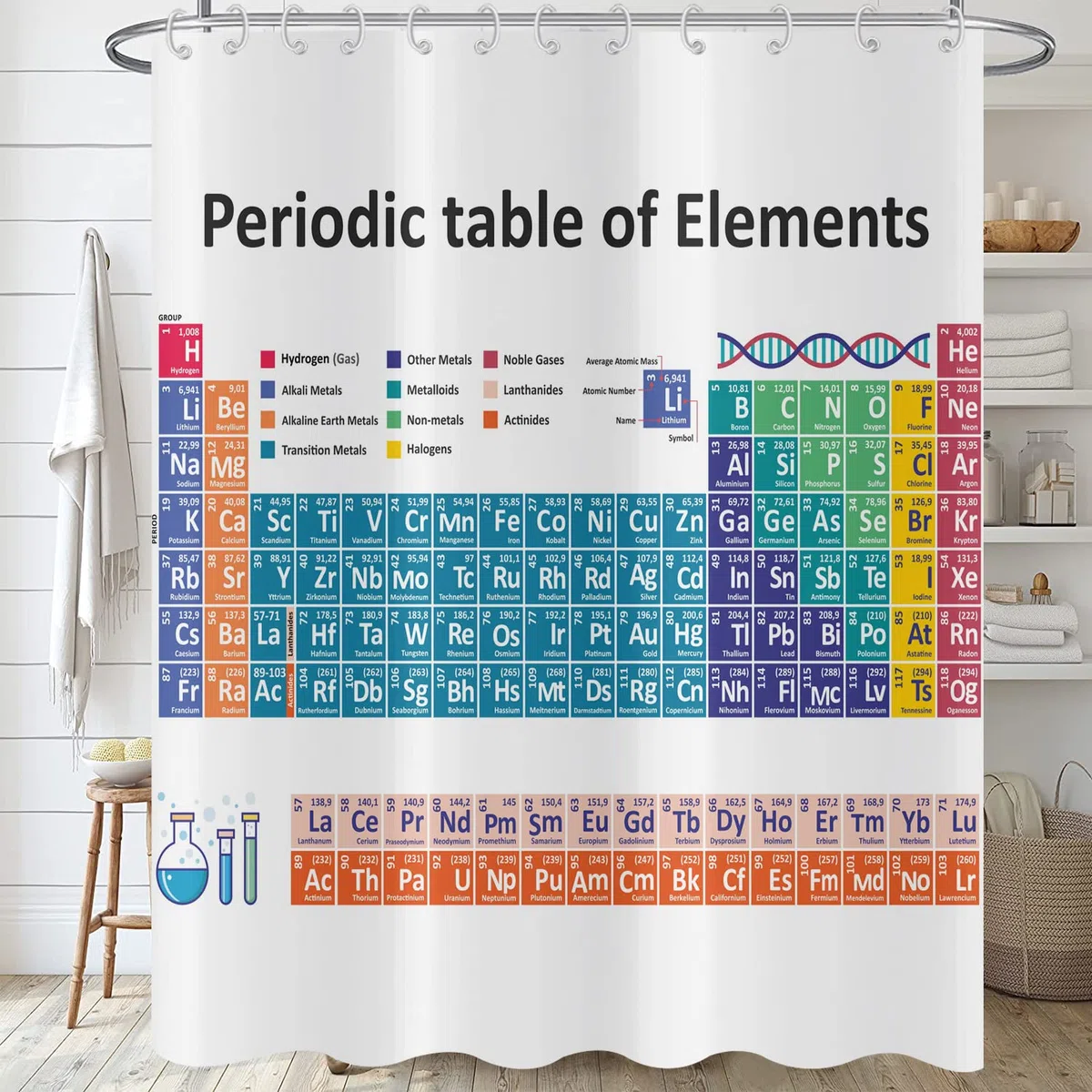 Tenda da doccia tavola periodica 90x180, colorato scienza tecnologia educazione chimica scuola studente tenda da bagno impermeabile poliestere tessuto lavabile tenda da bagno con ganci