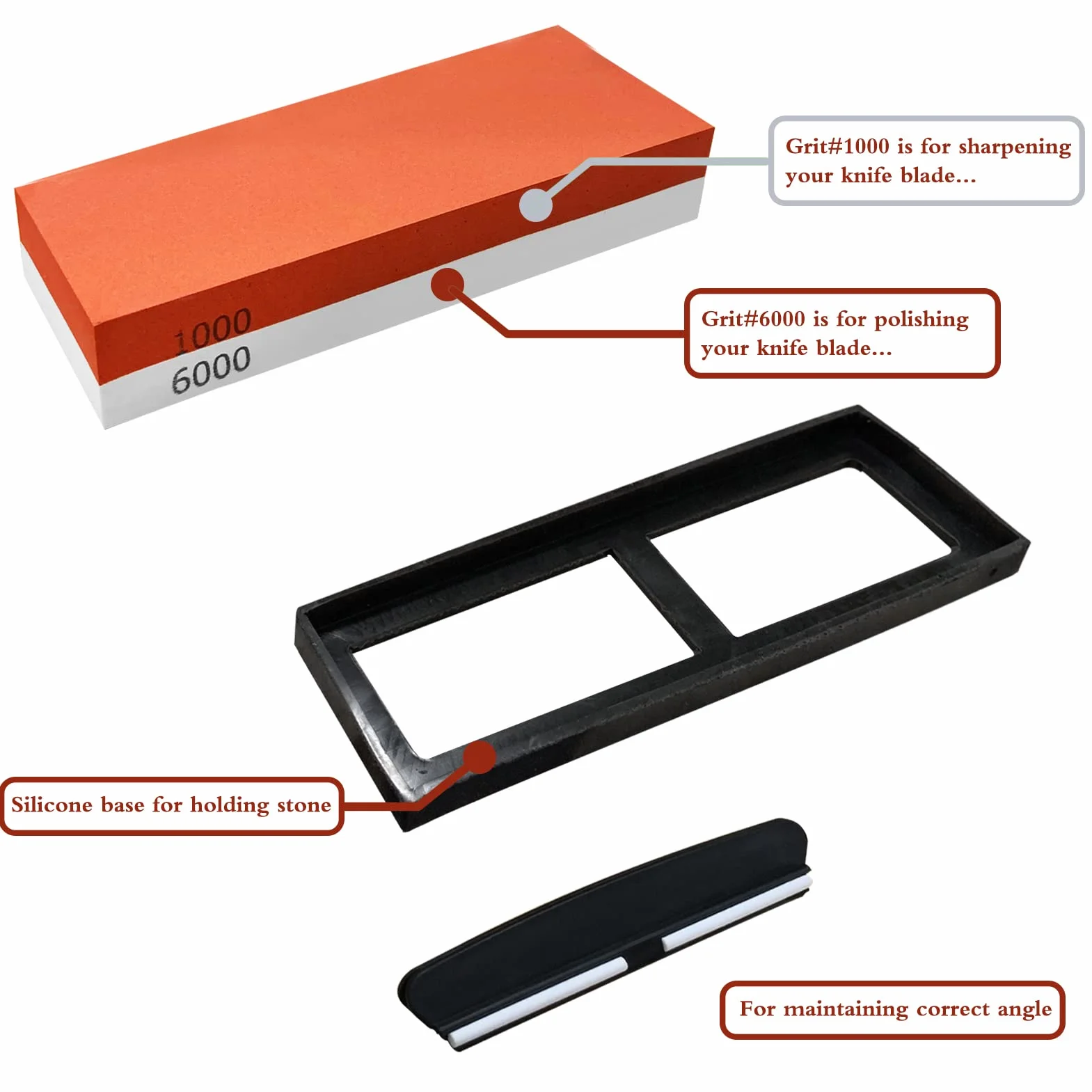 Pietra per affilare,grana 1000 e 6000,Double-Sided Affila Coltelli con Base in Silicone Antiscivolo e Guida all'Angolo(pietra 2 in 1)