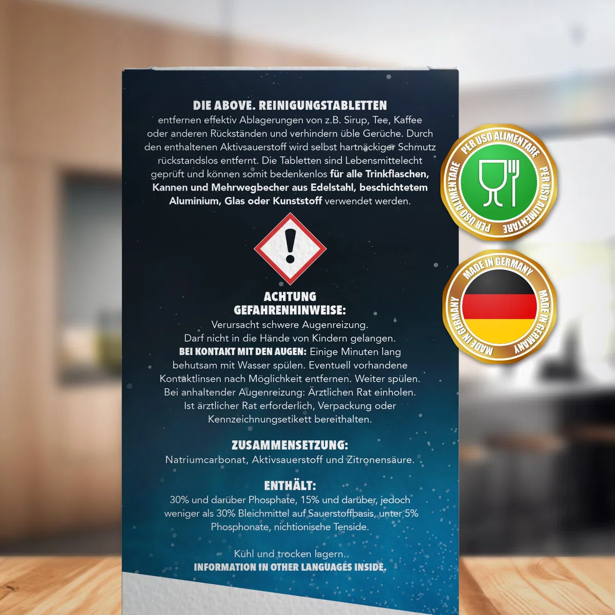 ABOVE Pastiglie Igienizzanti per Bottiglie - 30 TABS | MADE IN GERMANY | Rimuove Residui e Odori | Per Borracce, Shaker, Thermos in Acciaio Inox, Vetro e Plastica