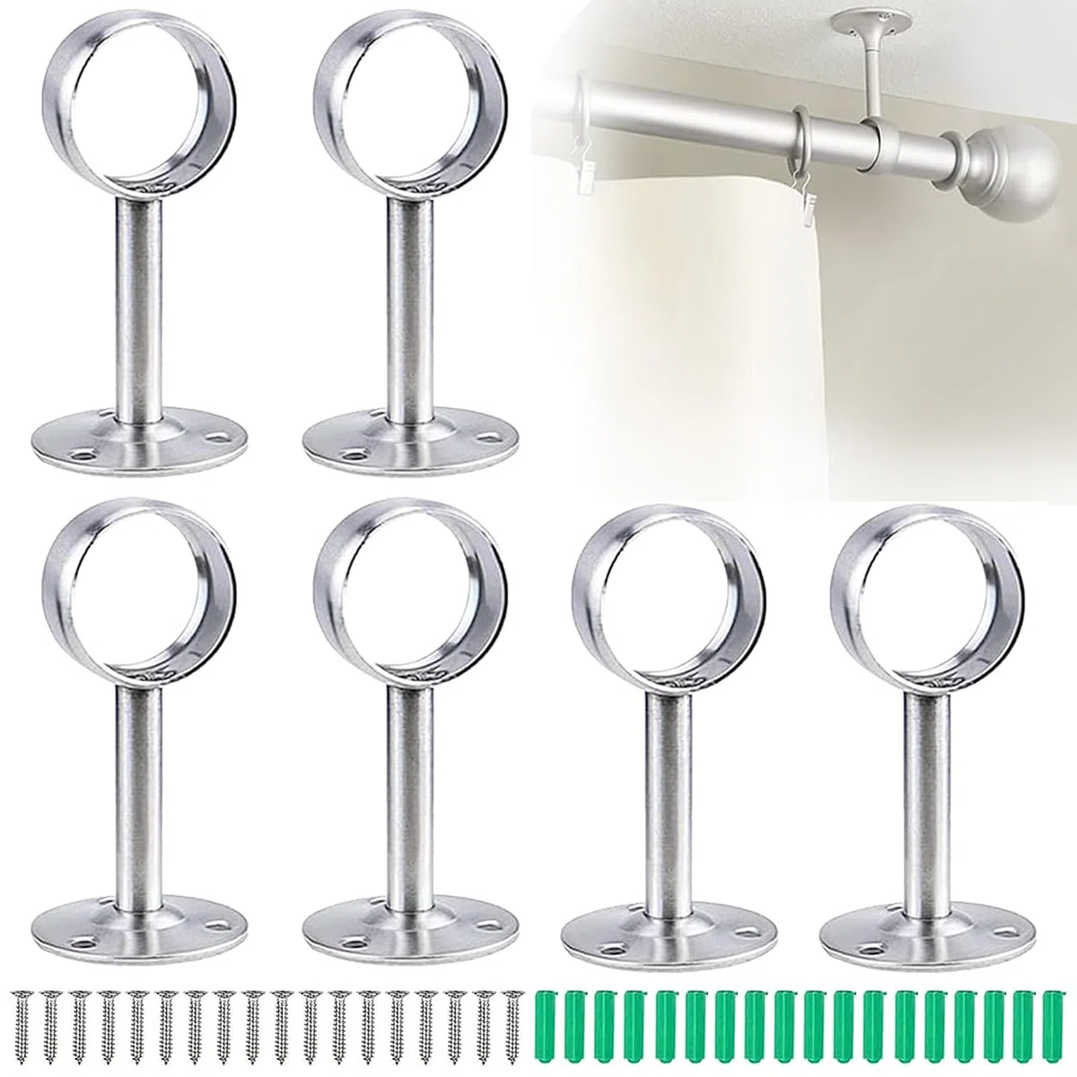 6 supporti per bastoni per tende in acciaio inox, per montaggio a soffitto o a parete, asta per tenda interna