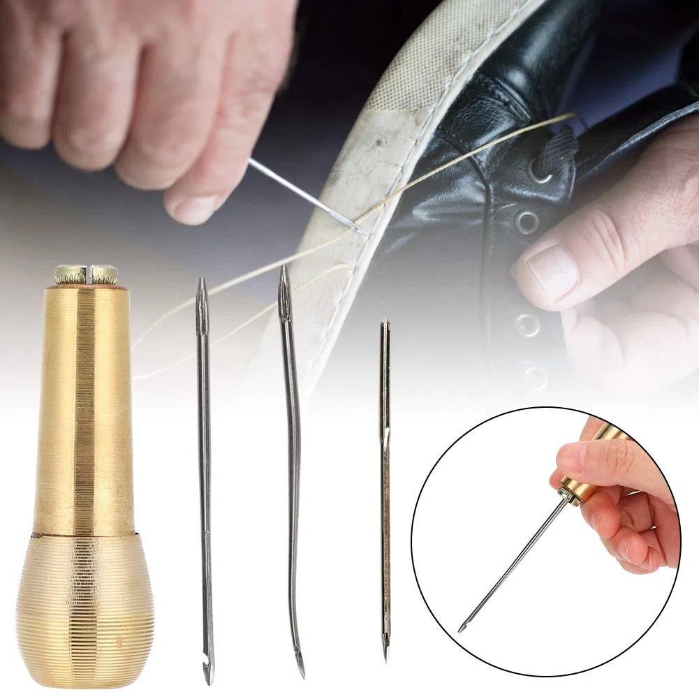 Ago per Scarpe da Cucire Aghi da Piercing Ricami in Pelle Calzolaio a Mano Punteruolo 2 Set Manico in Rame Punteruolo da Cucito Taper Strumento per la Riparazione di Scarpe da