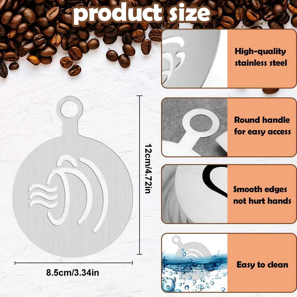 Stencil in acciaio inox a forma di caffè, 6 pezzi, per decorare cappuccino, latte e torte (stile 1)