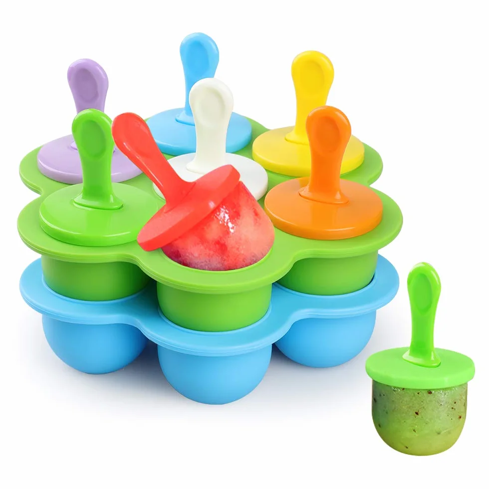 WD&CD 2 Pezzi Stampi per Gelato 7 Fori Cavità Formine in Silicone Riutilizzabili, Stampi Gelato Stecco per Congelare il Gelato al Cioccolato Fai da te, Bastoncini Colorati 18 Pezzi Inclusi(Verde+Blu)