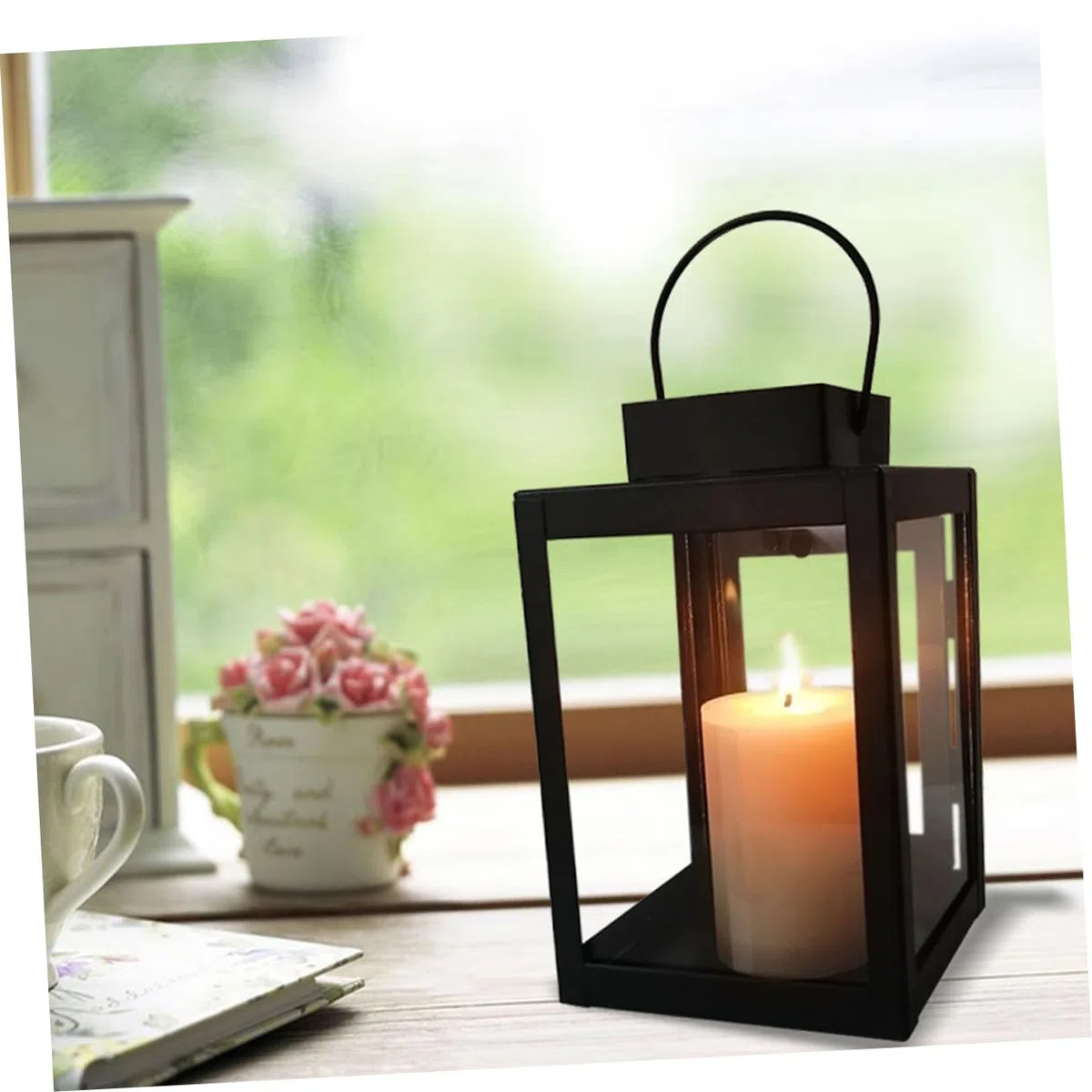 Holibanna Lanterna da Vento Retrò in Ferro Nero Decorativa per Candele, Lampada da Esterno Raffinata e Semplice, per Banchetti e Allestimenti Scenici