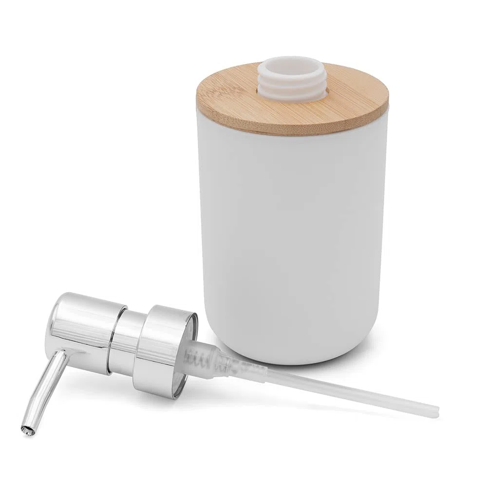 Inbagno Set Accessori Bagno Bianco, 2 Pezzi, Dispenser e portaspazzolini, ABS e Legno bambù, Linea Surf