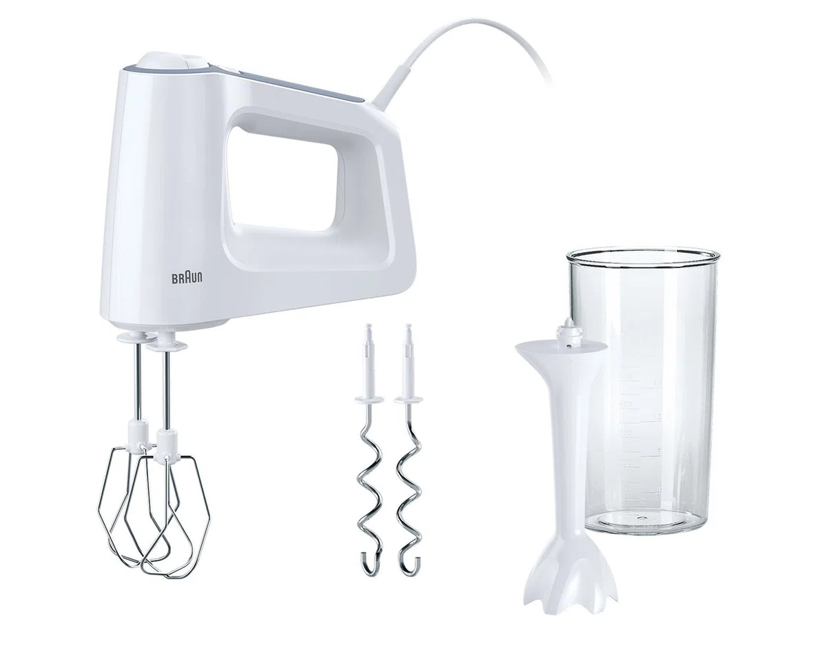Braun HM3105WH MultiMix Serie 3, Sbattitore Elettrico a 5 Velocità e Turbo, Impugnatura Antiscivolo, Dotato di 2 fruste, 2 Ganci, Asta per Montare e Bicchiere Graduato da 600ml, Potenza 500 W, Bianco