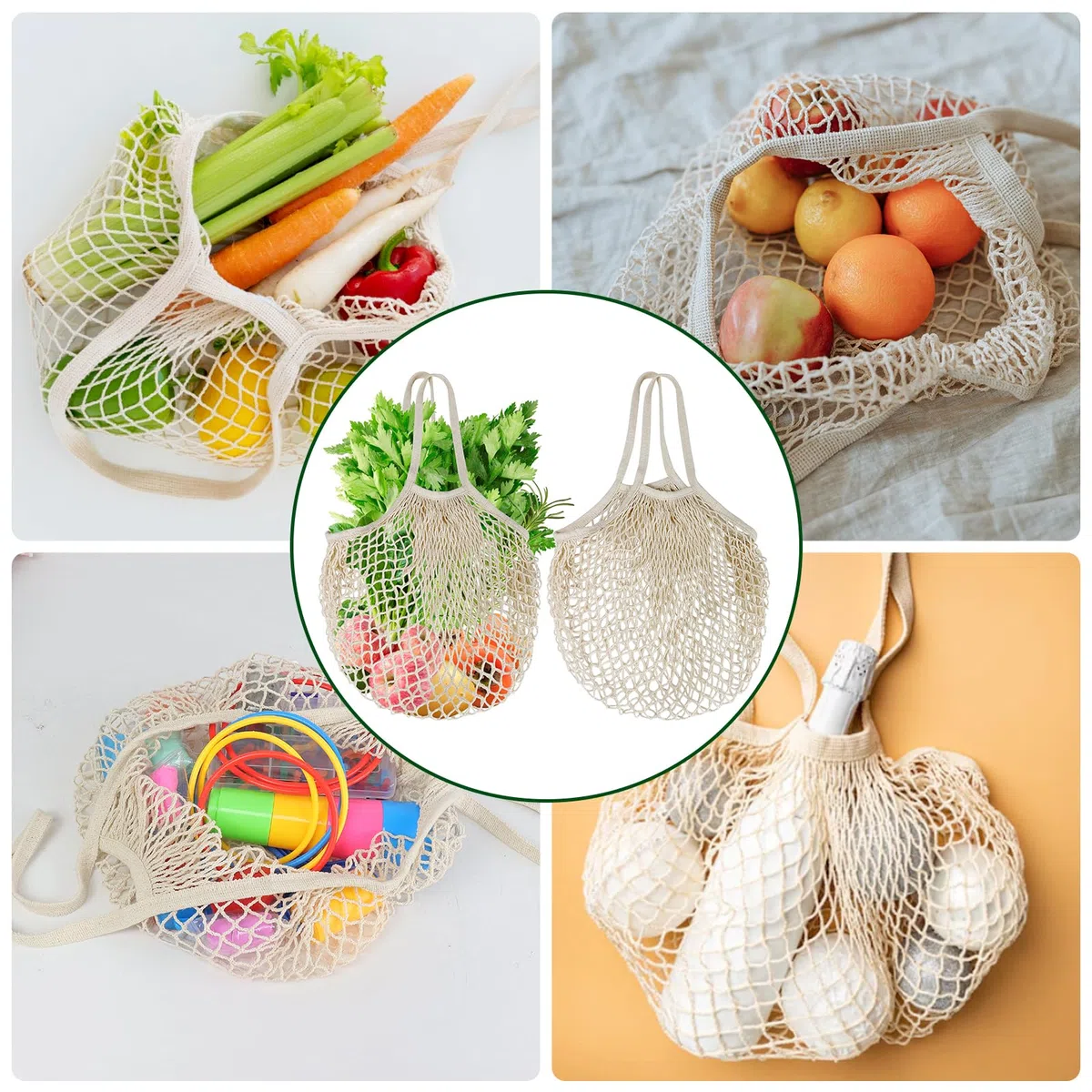 2 Pezzi Sacchetti in Rete Riutilizzabili per La Spesa,in Cotone, Con Manico Lungo, Borse per La Spesa Lavabili in Corda di Cotone Organico, per Conservare Frutta, Verdura, Vibo,Beige
