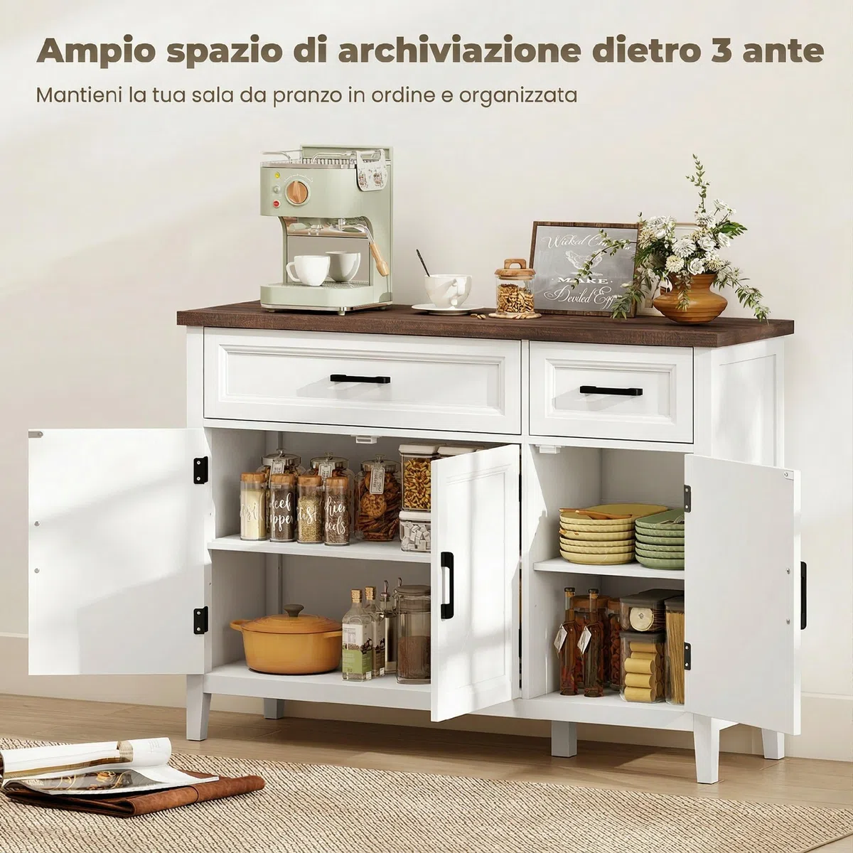 HOMCOM Credenza Cucina, Mobile Cucina con 3 Ante a Fienili, Ripiani Regolabili e 2 Cassetti, Piano Effetto Legno, Stile Rustico, Mobile Buffet per Soggiorno, Sala da Pranzo, 110x35x80.5 cm, Bianco