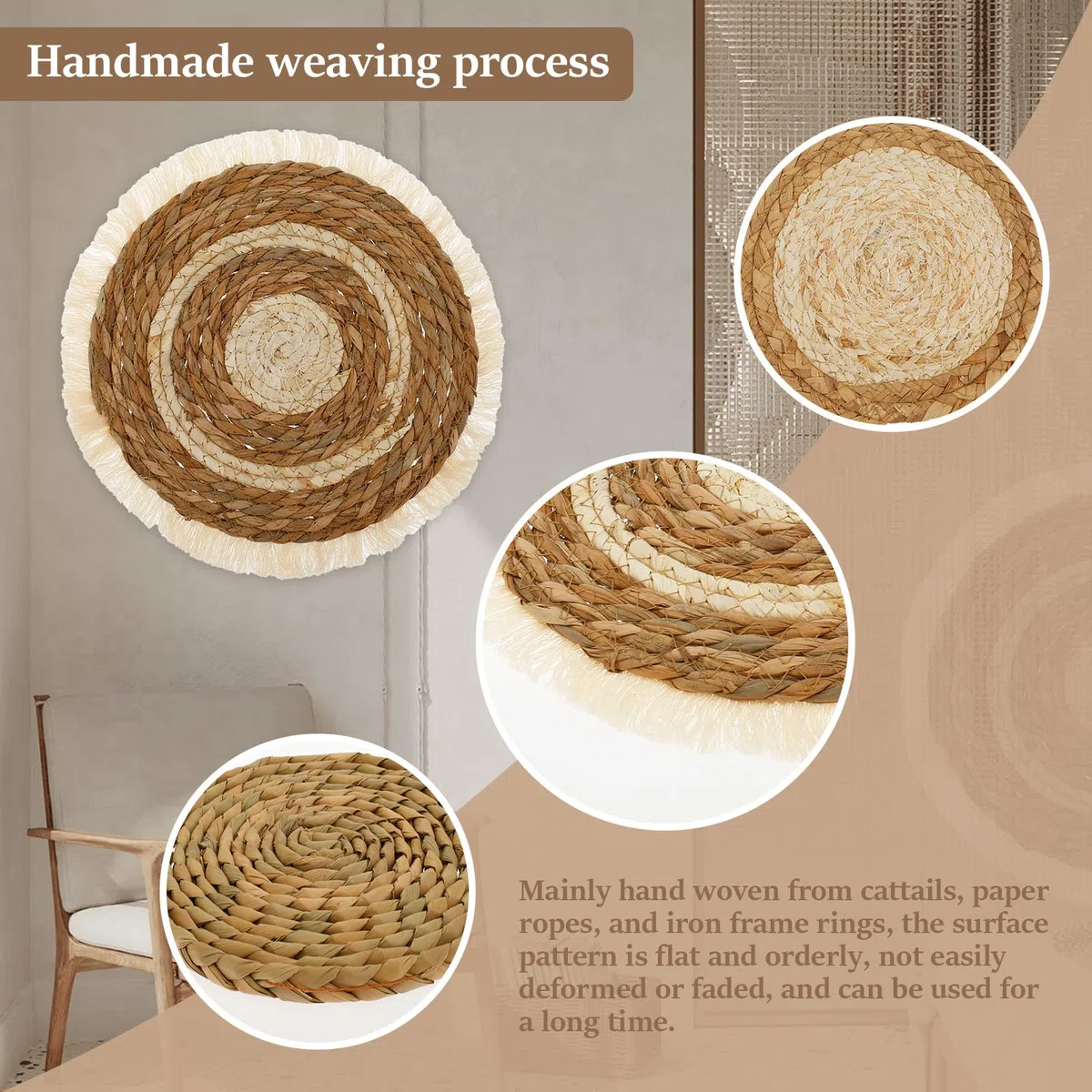 Set di cesti da parete in tessuto da appendere, arazzo boho, 7 cesti unici fatti a mano in erba marina per casa colonica e parete, tavoli e altro, pronti da appendere con chiodi