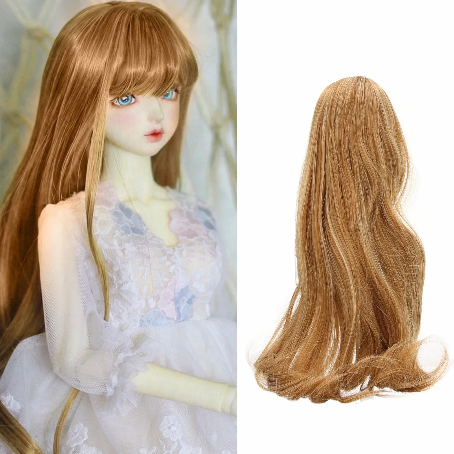 Zerodis 1/3 BJD - Parrucca per bambola SD, 21-24 cm, colore lino, morbida seta ad alta temperatura, capelli lunghi e ricci mohair, con frangia per indossare parrucca per bambole BJD, fai da te