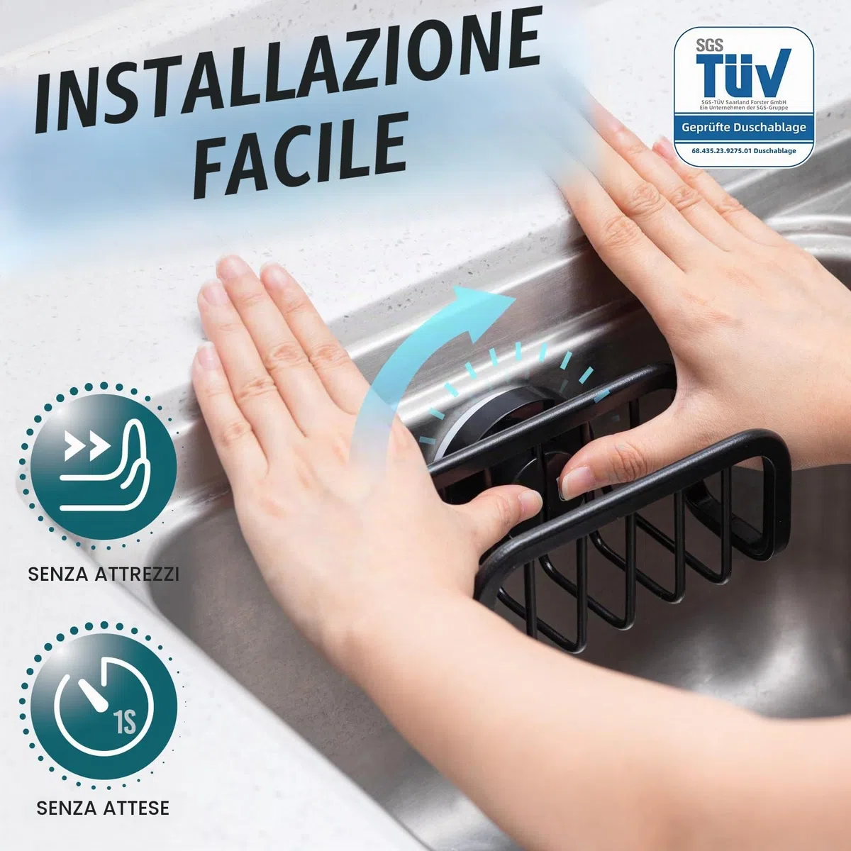 TAILI Supporto per spugna per lavello con forte ventosa, supporto in alluminio antiruggine per spugne, tenere in ordine la cucina, spazzola per piatti organizzatore - Nero