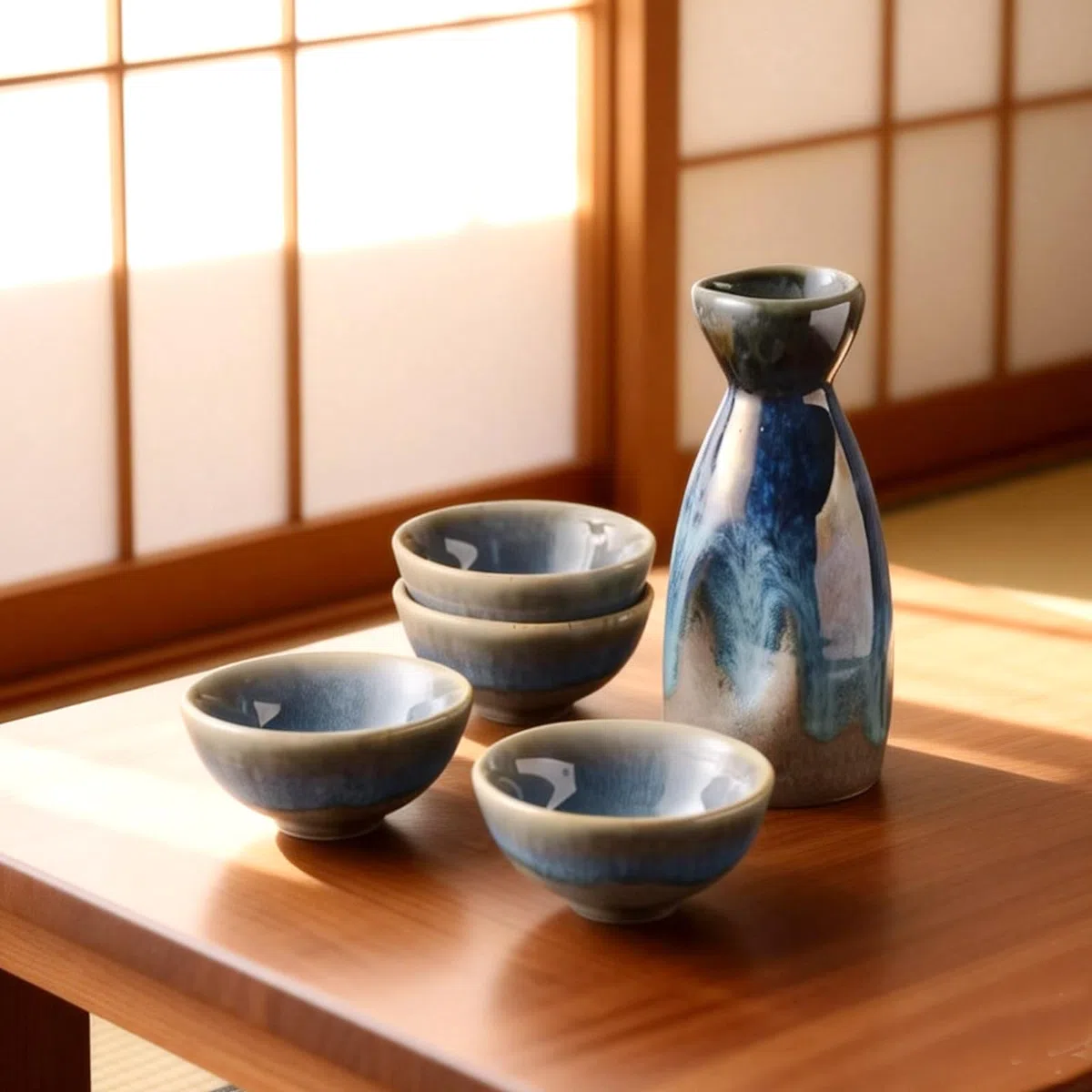 Set per sakè, 4 tazze da sakè da 100 ml, 1 pentola da sakè da 300 ml, set per sakè in ceramica giapponese, pentola per sakè in ceramica, bottiglia di sakè in ceramica giapponese, set per liquore sakè