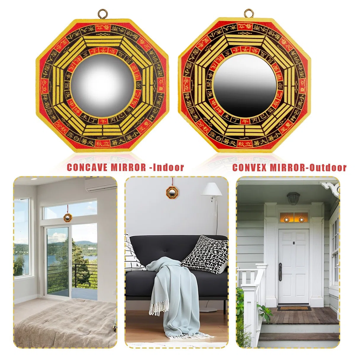 Set di 3 specchi tradizionali cinesi bagua, 10,2 cm, concavi e convessi, per Feng Shui, in legno autentico, specchi cinesi Feng Shui per divinazione, per casa, lavoro, protezione fortunata