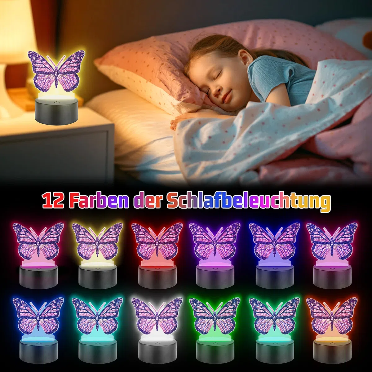 Homgaty Diamond Painting Kit Completo con Luce Notturna Bambini, Giochi Creativi per Bambine 5-12 Anni, 16 Colori LED Regolabile, Regalo per Natale/Compleanno Tanti Disegni (Farfalla Viola)