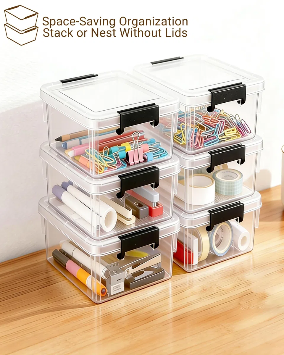 Set di 6 contenitori da 1,25 l con coperchio piccolo, impilabili, piccoli contenitori da 17,7 x 13 x 8,2 cm, scatola di plastica trasparente, per cancelleria, materiale fai da te, accessori