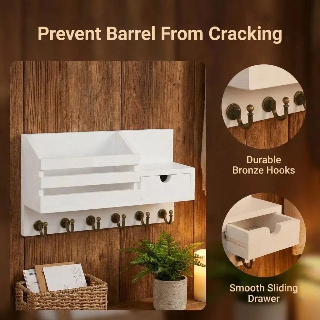 Portachiavi da parete con ripiano e cassetto, portachiavi in legno con 6 ganci, mensola da parete per organizzare le chiavi per ingresso, corridoio, soggiorno o ufficio, bianco