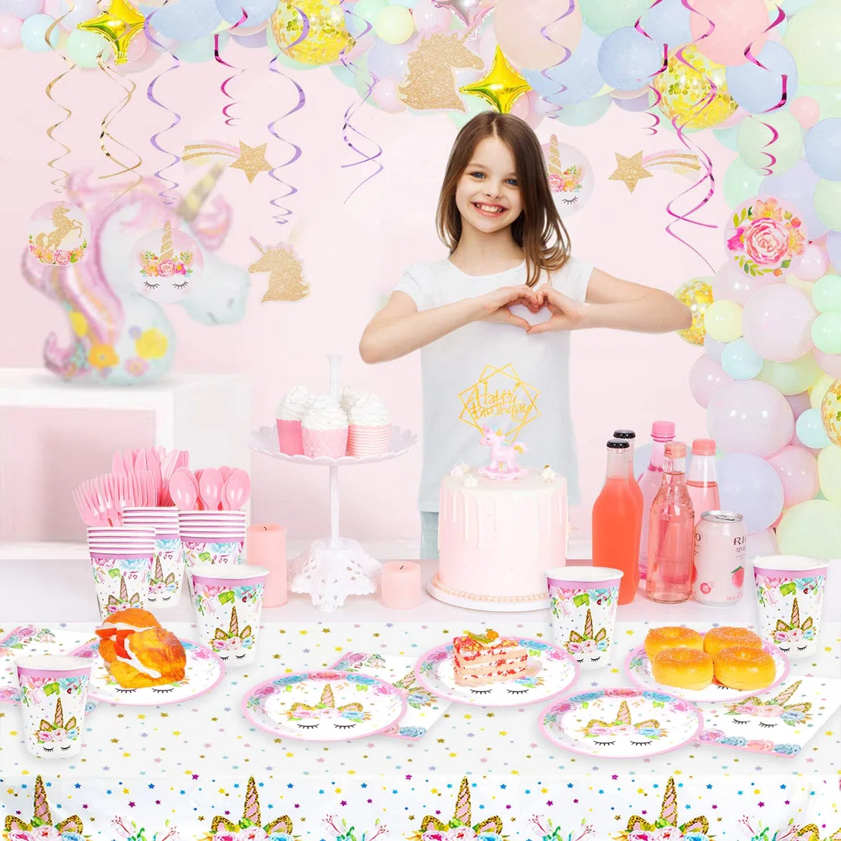Bikasun Set di stoviglie per feste con unicorno, 16 ospiti, set di piatti con unicorno, per compleanno, per bambini, piatti di carta, tovaglioli, tovaglioli, decorazione per feste