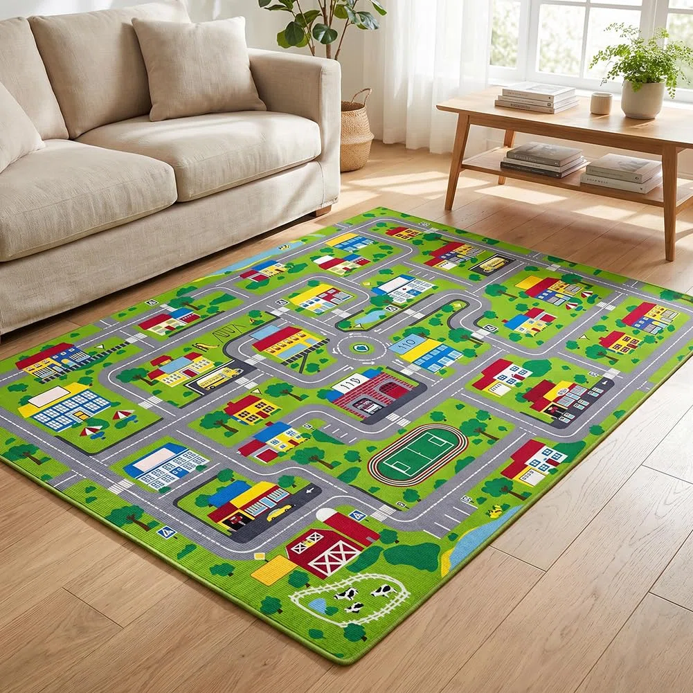 Tappeto con Tracciato Stradale Cartoon, Tappeto Mappa Città, Carpet in Fibra di Poliestere,Carpet Decorativo Antiscivolo e Lavabile per Ambienti Domestici-80x120cm
