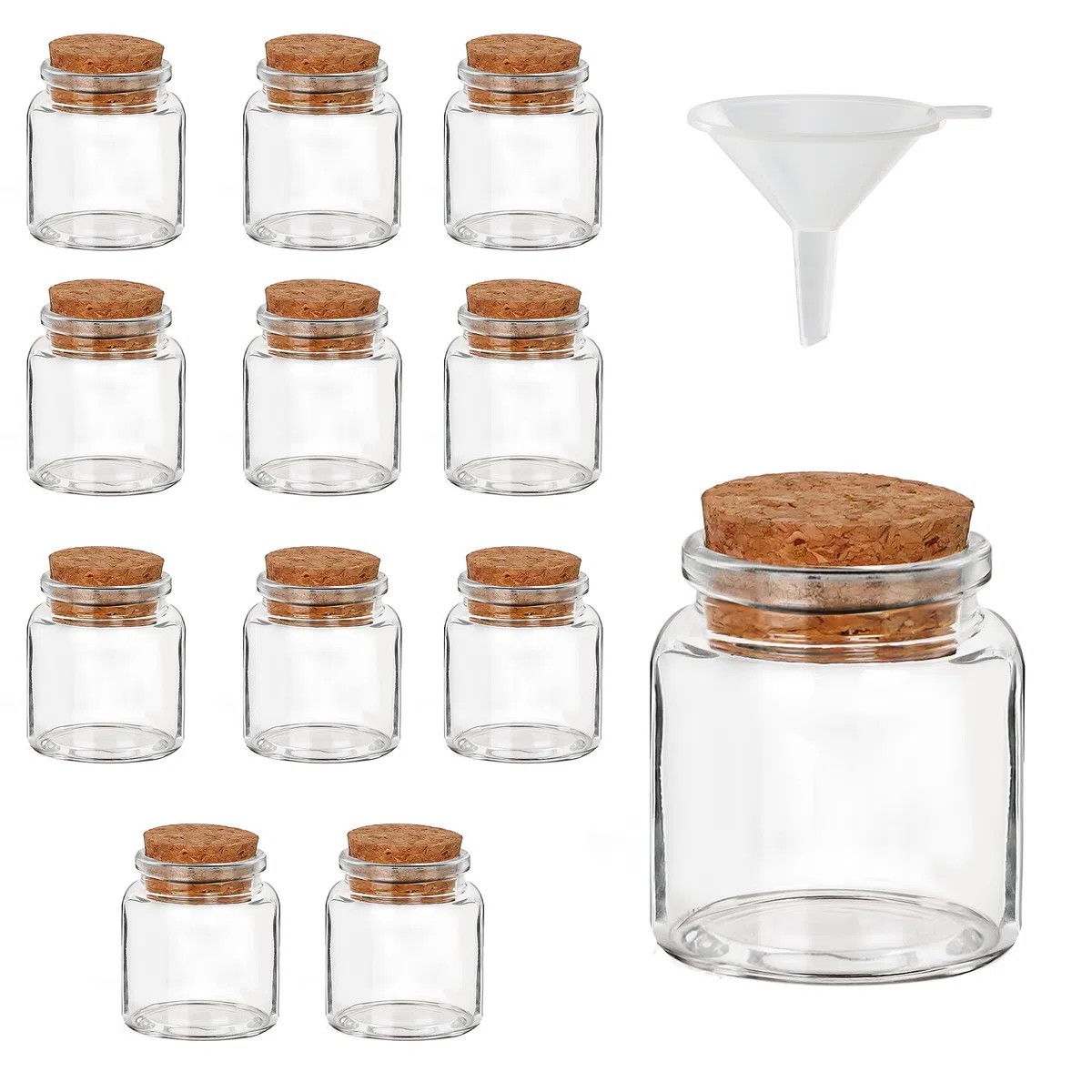 BELLE VOUS 12 Mini Bottiglie Vetro con Tappo in Sughero - 45-50ml - Fialette in Vetro Mini Bottiglie e Imbuto per Bomboniere, Feste, Spezie in Cucina e Marmellate