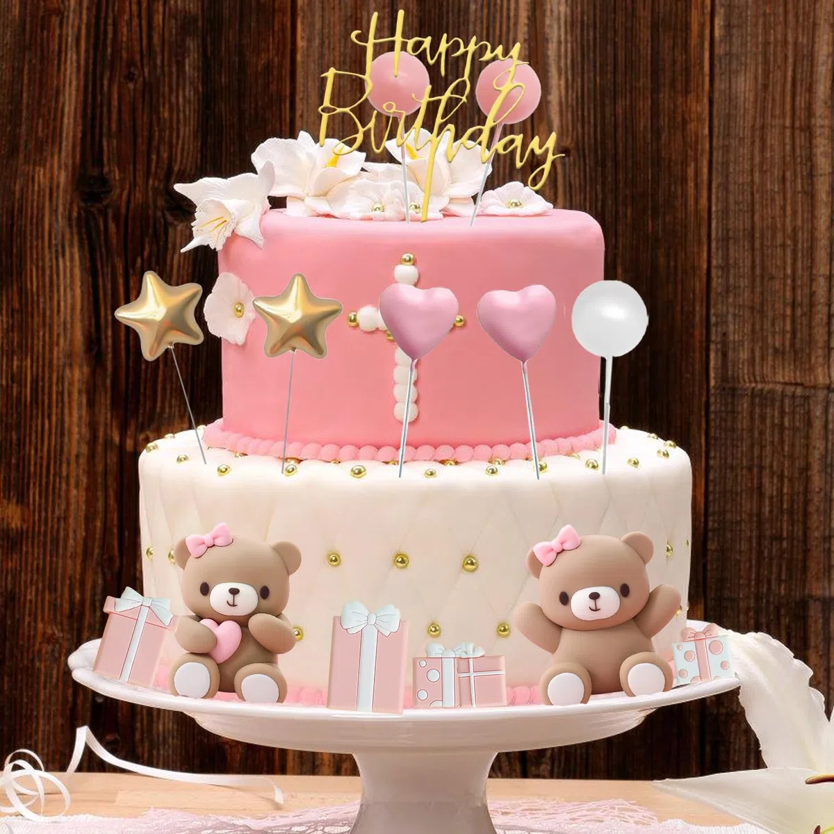 Nizirioo 33 Pezzi Decorazioni per Torte: Decorazioni con Orso Bruno, Compleanno, Topper Foam Ball Torta, Topper per Torta Rosa Set per Baby Shower e Festa di Compleanno