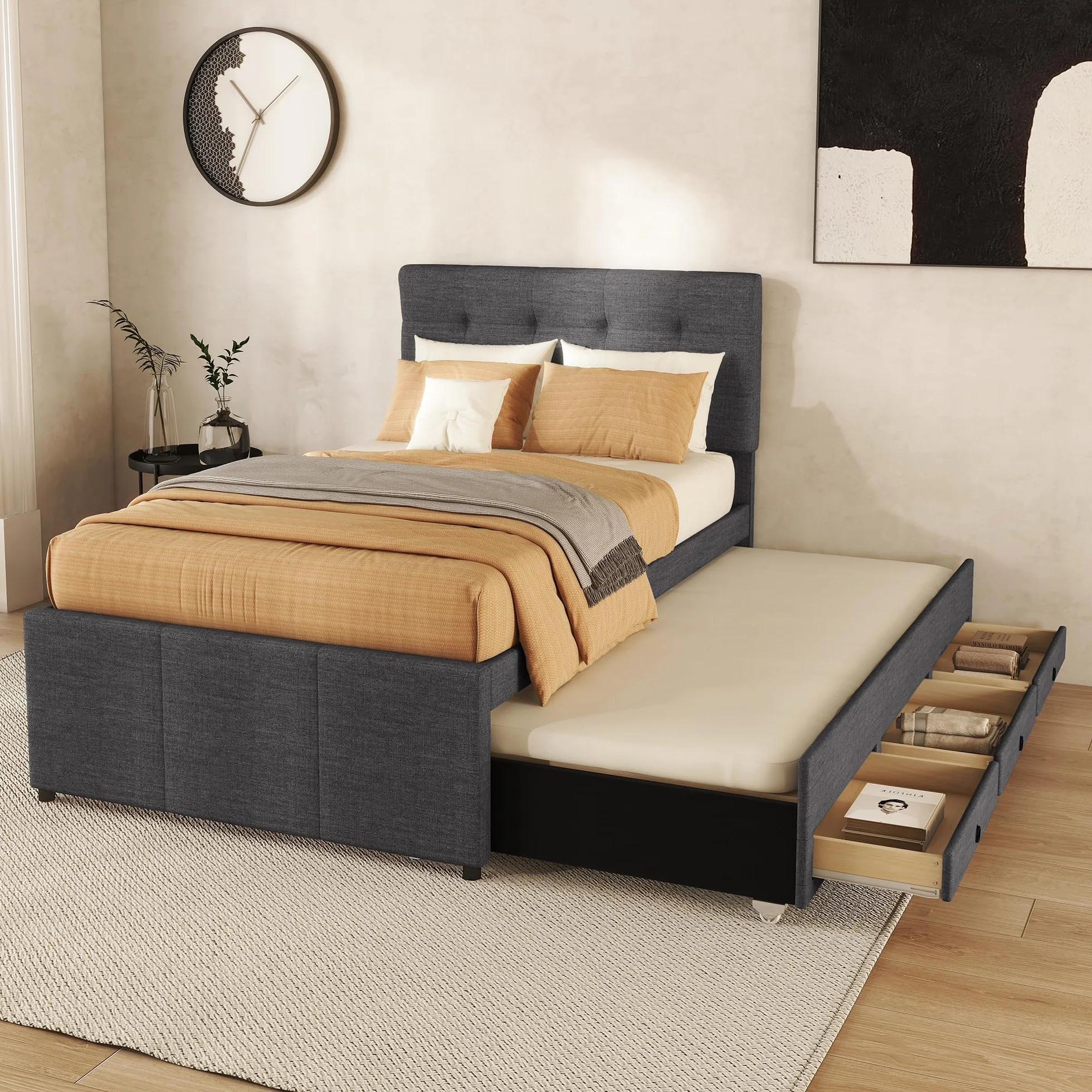 Letto imbottito 90 x 200 cm, letto singolo con 3 cassetti, telaio letto con letto estraibile 90 x 190 cm, testiera regolabile, letto familiare, lino, senza materasso (grigio, 90 x 200 cm)