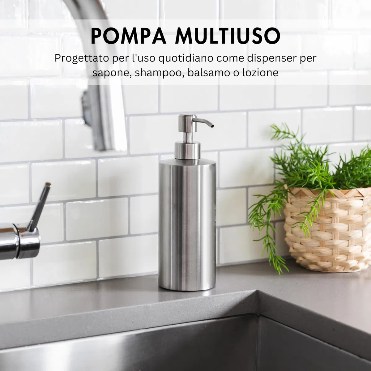 Yew Design dispenser di sapone in acciaio inox argento per bagno e lavello da cucina, ricaricabile, 450 ml, pompa rotonda in acciaio inox per sapone, detergenti, lozioni e piano di lavoro
