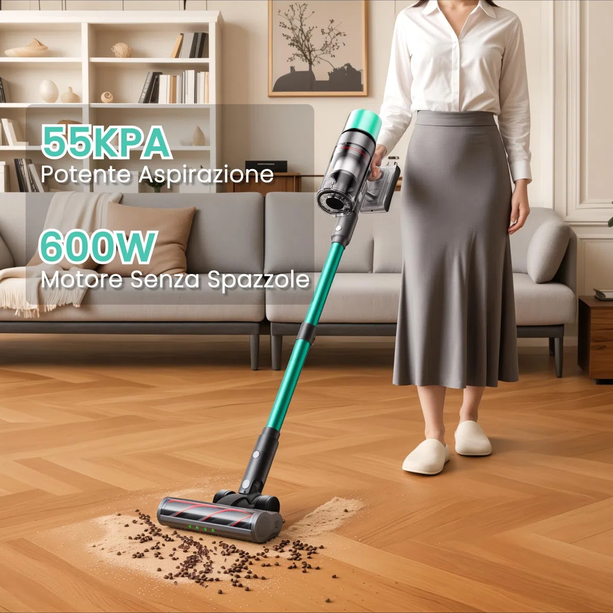 V5 Aspirapolvere senza Fili, 55Kpa/600W/80Mins Autoportante Scopa Elettrica senza Fili con Modalità Automatica, Anti-Avvolgimento Aspirapolvere per Pavimenti/Tappeti/Peli Animali