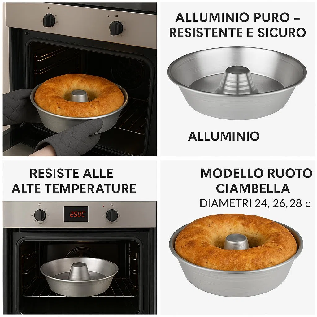 Generico Set 3 Stampi da Forno in Alluminio 99,5% con Cono Centrale – Teglie Ciambella Ruoto Torte Rustiche e Casatiello – Diametri 24cm, 26cm, 28cm – Antiaderenti, Resistenti e Facili da Pulire
