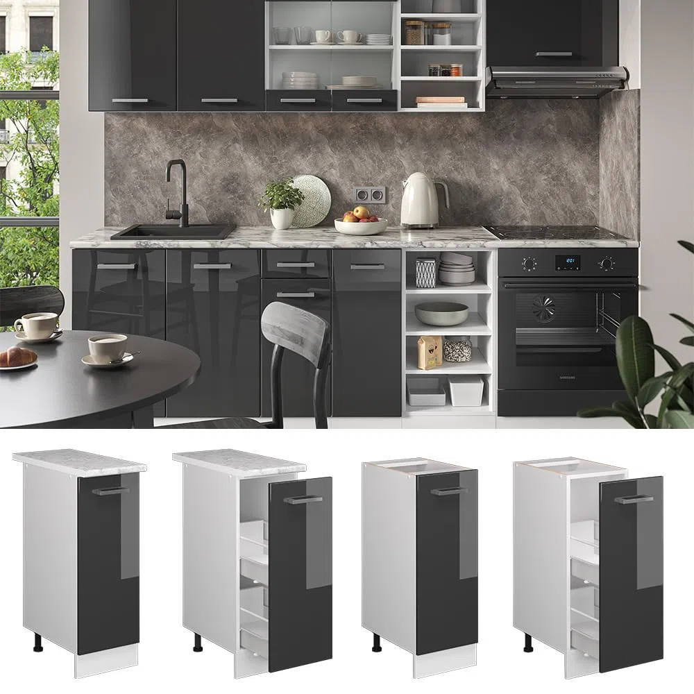 Vicco Armadio cucina dispensa alto R-Line, Antracite lucido, 30 cm senza piano di lavoro, per la libera combinazione all'interno di sistemi cucina modulari
