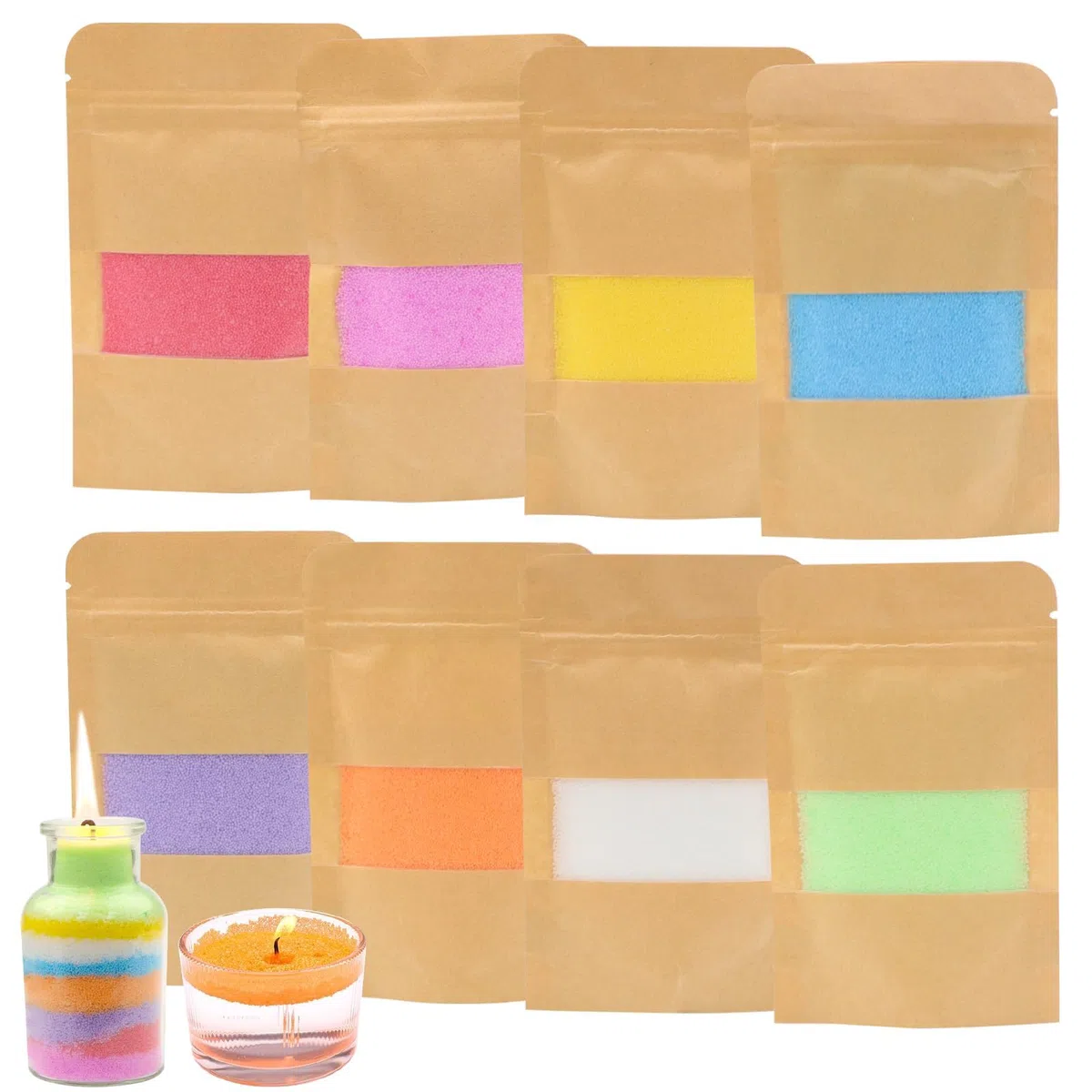 8 Colori Sabbia Cera per candela con 10 Stoppini, Base Granuli Inodore Adatti per Lettura, Spa, Doccia, Festa, Candele Fai Da Te (240 g)