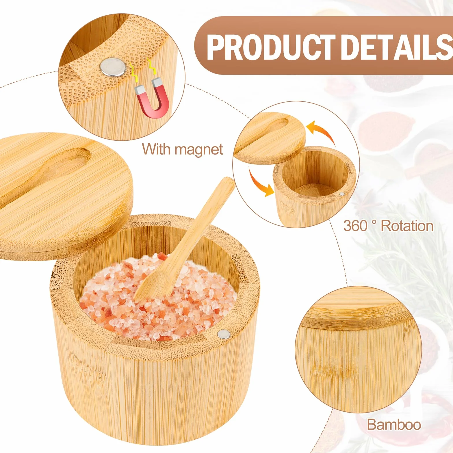 Byffoer 2 contenitori per sale in bambù, 6 oz con coperchio magnetico girevole e cucchiaio, contenitore rotondo per la conservazione di sale, spezie, pepe, erbe